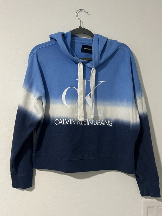 Calvin Klein Jeans Sweaters - Calvin Klein Jeans Hoodie Womens Medium Blue Tie Dye CK Logo Cropped Sweatshirt